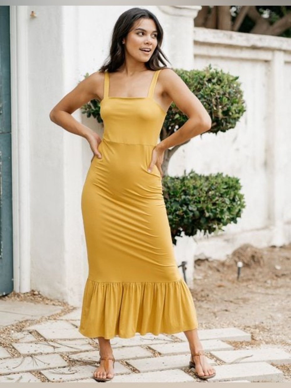 Banana Republic Mustard Yellow Butter Soft Ruched Ruffled Hem Maxi Dress